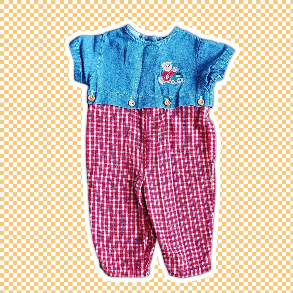 VTG Baby One Piece Outfit Denim Top with Plaid Pants Embroidered Bear Sz 3-6M